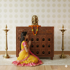 Mango Wood Accent Cabinet: Hand-Carved Indian Sideboard with Brass Bells