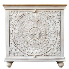 Hand Carved Mango Wood Carved 2 Doors Cabinet With Natural Top