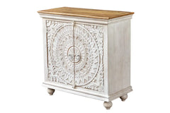 Hand Carved Mango Wood Carved 2 Doors Cabinet With Natural Top
