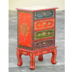 Indian Painted 4 Drawer Bedside , Chest Of Drawer