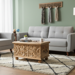 Mango Wood Floral Carved Blanket Chest With Natural Finish