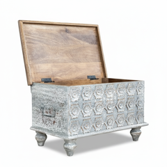Mango Wood Distress Grey Blanket Chest With Floral Carving