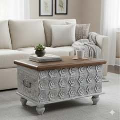 Mango Wood Distress Grey Blanket Chest With Floral Carving