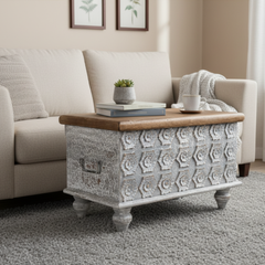 Mango Wood Distress Grey Blanket Chest With Floral Carving