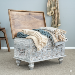 Mango Wood Distress Grey Blanket Chest With Floral Carving