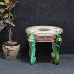 Mango Wood Center Coffee Table With Brass Detailing, Solid Wood Round Top Planter Table