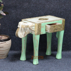 Mango Wood Ethnic Indian Elephant Bench With Brass Detailing, Solid 1-Desk Side Storage Bench