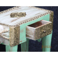 Mango Wood Ethnic Indian Elephant Bench With Brass Detailing, Solid 1-Desk Side Storage Bench