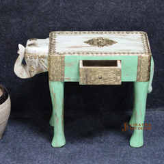 Mango Wood Ethnic Indian Elephant Bench With Brass Detailing, Solid 1-Desk Side Storage Bench