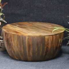 Wooden Round Drum Coffee Table, Handcrafted Solid Wood Centerpiece Drum Coffee Table