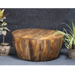 Wooden Round Drum Coffee Table, Handcrafted Solid Wood Centerpiece Drum Coffee Table