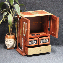 Mango Wood Bedside Table, Solid Wood Storage Side Table With Brass Detailing