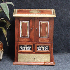Mango Wood Bedside Table, Solid Wood Storage Side Table With Brass Detailing