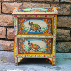 Indian Boho Painted Mango Wood Two Drawer Bedside Table, Living Room Decor Ethnic Art Bedside Table