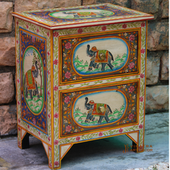 Indian Boho Painted Mango Wood Two Drawer Bedside Table, Living Room Decor Ethnic Art Bedside Table