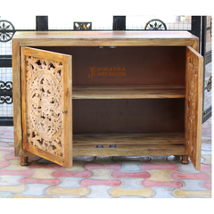Mango Wood Crafted Console Cabinet with Floral Carving, Solid Wood Sideboard Buffet Cabinet