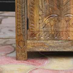 Floral Carved Wooden Cabinet, Indian Ethnic Bedside Cabinet, Living Area Decor 2-Drawer