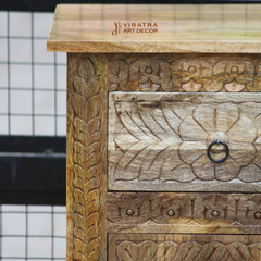 Floral Carved Wooden Cabinet, Indian Ethnic Bedside Cabinet, Living Area Decor 2-Drawer