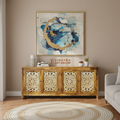 Hand Carved Mango Wood Sideboard: Indian Art Accent Cabinet