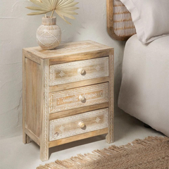 Wooden Bedside Table with 3 Drawers, Hand-Carved Design, Vintage White Finish
