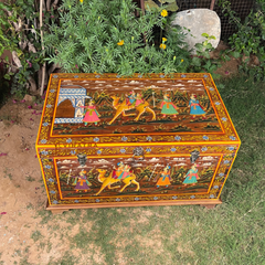Handicraft Dola-Maru Painted Trunk Box, Wooden Storage Box, Home Living Blanket Box