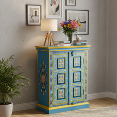 Hand-Painted Mango Wood Sideboard Cabinet For Storage