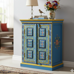 Hand-Painted Mango Wood Sideboard Cabinet For Storage