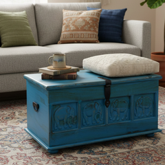 Mango Wood Hand-Carved Storage Trunk Chest For Living Room Decor