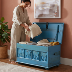 Mango Wood Hand-Carved Storage Trunk Chest For Living Room Decor