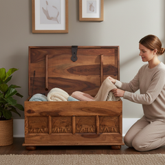 Mango Wood Hand-Carved Blanket Storage Chest For Living Area