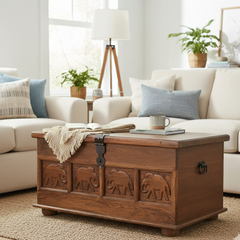 Mango Wood Hand-Carved Blanket Storage Chest For Living Area