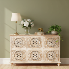 Mango Wood Hand-Carved Drawer Sideboard For Storage