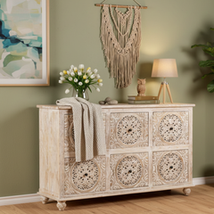 Mango Wood Hand-Carved Drawer Sideboard For Storage