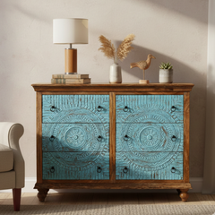 Mango Wood Hand-Carved Chest Of Drawer For Bedroom Storage