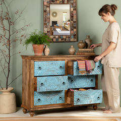 Mango Wood Hand-Carved Chest Of Drawer For Bedroom Storage