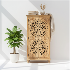 Mango Wood Carved Tall Cabinet For Storage