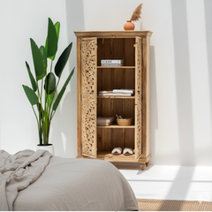 Mango Wood Carved Tall Cabinet For Storage