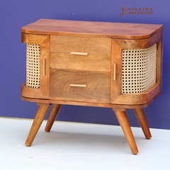Rattan Woven Wooden Side Table, Indian Boho Rattan Cabinet, Handcrafted Nightstand Table