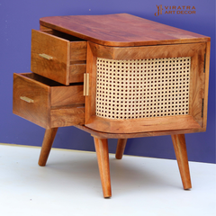 Rattan Woven Wooden Side Table, Indian Boho Rattan Cabinet, Handcrafted Nightstand Table