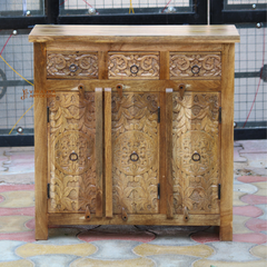 Mango Wood Carved Cabinet 3 Drawer Side Table,Bedside Furniture
