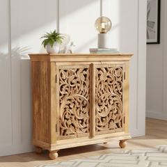 Mango Wood Hand-Carved Indian Sideboard Cabinet For Storage