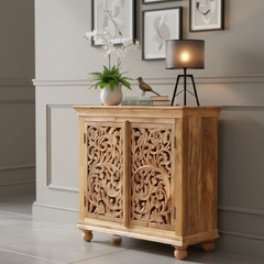 Mango Wood Hand-Carved Indian Sideboard Cabinet For Storage