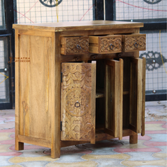 Mango Wood Carved Cabinet 3 Drawer Side Table,Bedside Furniture