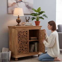 Mango Wood Hand-Carved Indian Sideboard Cabinet For Storage