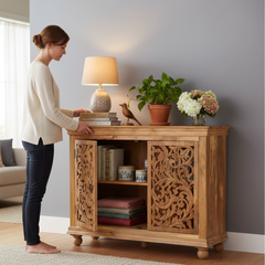 Mango Wood Hand-Carved Indian Sideboard Cabinet For Storage