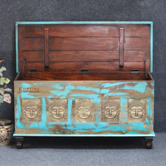 Distress Blue Trunk Box, Indian Accent Trunk Coffee Table, Handcrafted Blanket Storage Trunk Box,