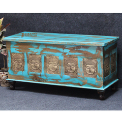 Distress Blue Trunk Box, Indian Accent Trunk Coffee Table, Handcrafted Blanket Storage Trunk Box,