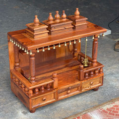 Indian Sheesham Pooja Mandir, Solid Wood Ethnic Pooja Temple With Brass Bells