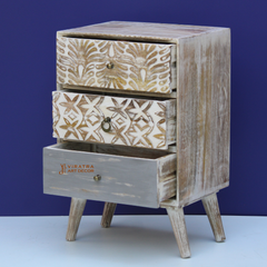 Wooden Carved 3-Drawer Storage Chest Table, Indian Ethic Solid Wood Bedside Table,