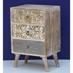 Wooden Carved 3-Drawer Storage Chest Table, Indian Ethic Solid Wood Bedside Table,